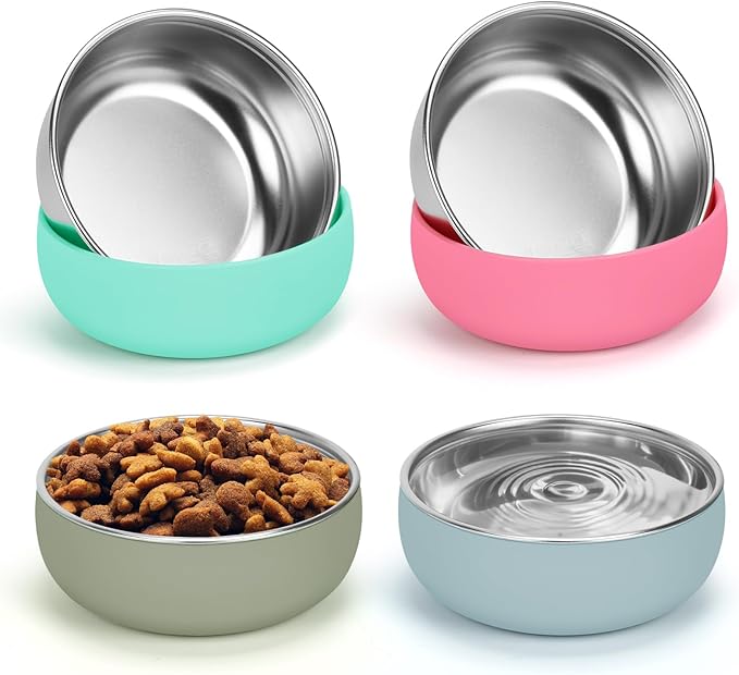 Kitten Bowls 4 Pcs, Stainless Steel Cats Bowls with Rubber Bottom, 5 “ Wide and Shallow Cat Food Dishes Whisker Friendly, Heavy Duty & Anti-Slip Small Pet Bowls for Indoor Cats
