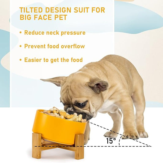 SPUNKYJUNKY 15° Slanted Ceramic Dog and Cat Bowl with Wooden Stand, Tilted Bulldog Food and Water Bowl No Slip Non-Spill for Cats Medium Dogs Big Face Pets 28.7 OZ (3.6 Cups, Yellow)