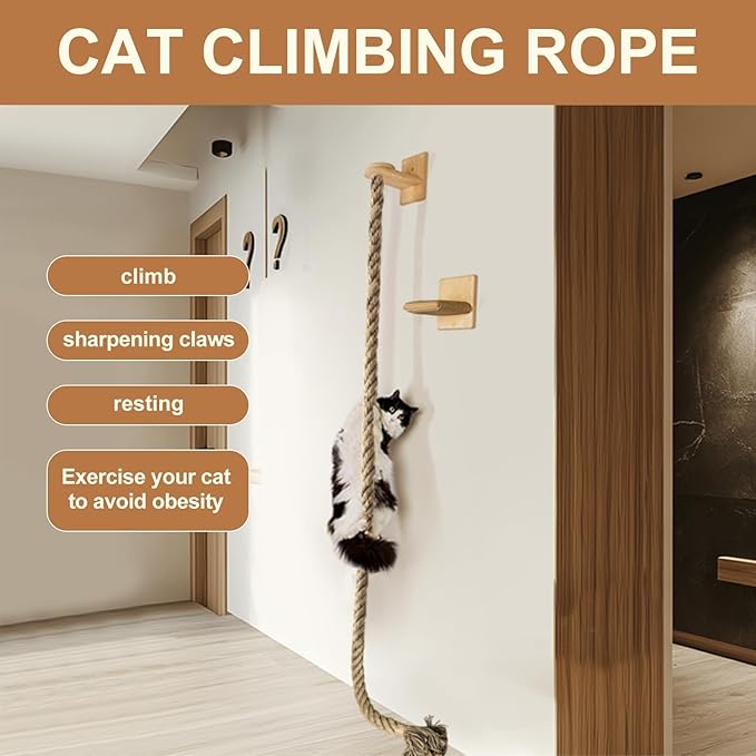 Cat Climbing Rope All-Mounted Scratching Posts Cat Tree with Climbing Rope, Large Ladder, and Resting Platform - Promotes Healthy Habits and Provides Endless Fun (Light Brown)