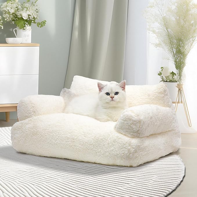 Cat Couch Bed - Cat Bed for Indoor Cats, Calming Pet Sofa Puppy Sleeping Bed with Removable Washable Cover, Cute Dog Couch and Kitty Lounge Chair for 18lbs Cats & Small Dogs(Beige)