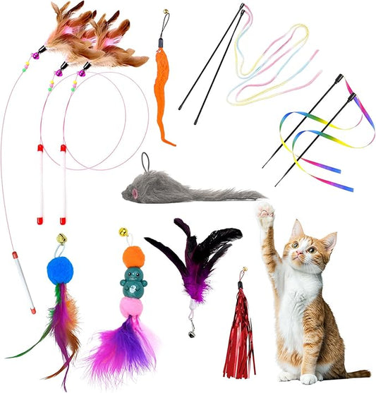 13 PCS Cat Wand Toys, Interactive Kitten Toys for Indoor Cats with Teaser Wand String for Exercise Kitten, Includes Replacements Feather, Worm, Mouse, Rainbow Strip