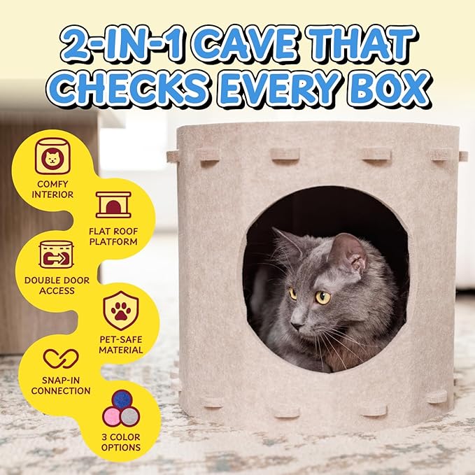 Tess & Liza Felt Cat Cave – Cozy Hideaway for Cats & Kittens | Eco-Friendly Felt Cat House | Durable & Spacious Cat Bed for Large Cats | Stylish Indoor Pet Furniture by Snarky Pets™ Pink