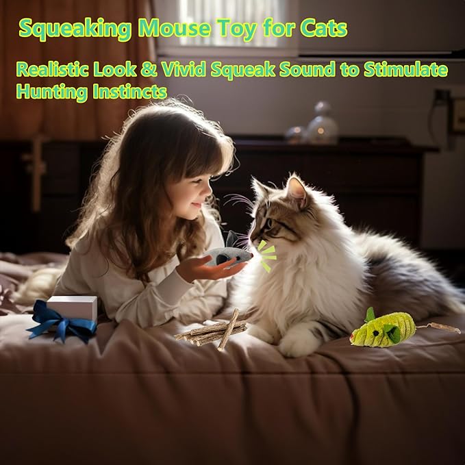 Cat Toys, 3 Mice Catnip Toy Crinkle Sound for Indoor Cat with Silvervine Chew Stick for Dental Chirping Mouse Plush Kitten Cleaning Teeth Matatabi Bite Interactive Cat Kitty Gifts