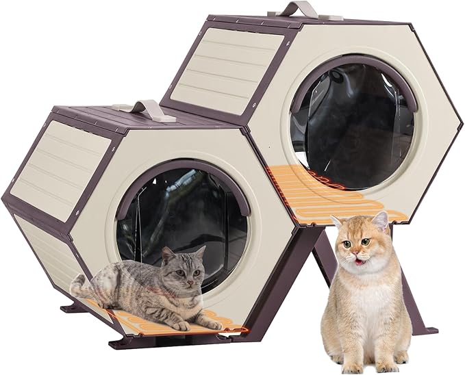 GUTINNEEN Outdoor Heated Cat House with Heater Insulated Feral Cat Shelter with Adjustable Temperature and Time Expandable Feral Cat House with Escape Door for Winter Weatherproof (2 Sets)