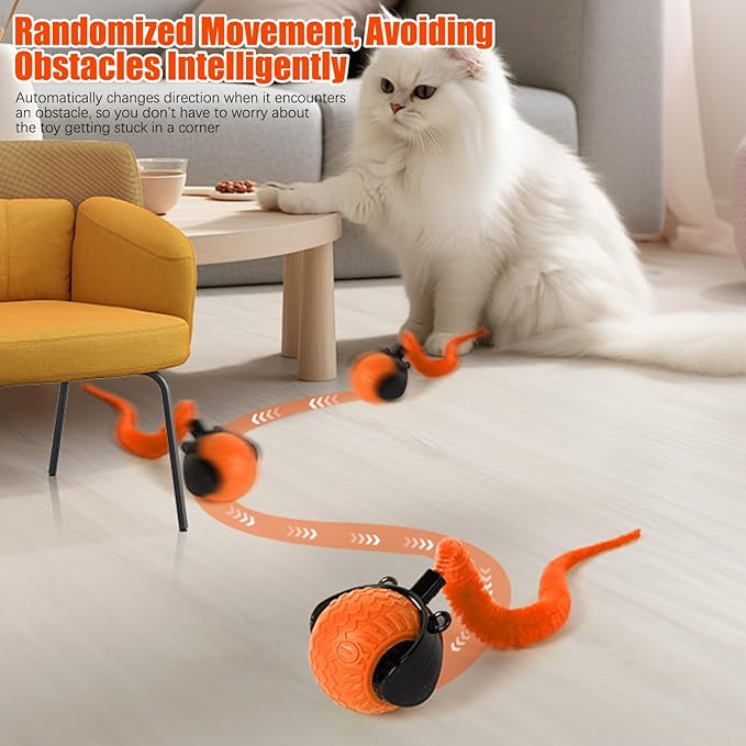 Cat Toys for Indoor Cats, Interactive Cat Toys for Bored Indoor Adult Cats, Automatic Speedy Ball Interactive, Electronic Rollie Pet Chase, Smart Interactive Tail Balls for Kittens (Orange)
