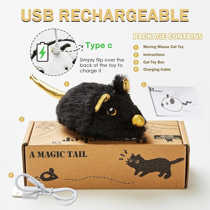 Cat Toys Squeaky Rechargeable Moving Mouse with Dynamic Magic Tail, Automatic Self Play Cat Toy for Indoor Kittens (Black)