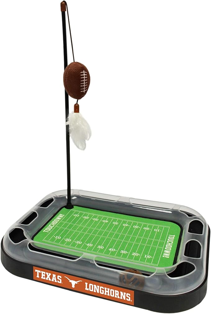 Pets First NCAA Texas Longhorns Football Field CAT Scratcher Toy with Catnip Filled Plush Football Toy & Feather Cat Toy Hanging, with Jingle Bell Interactive Ball Cat Chasing 6-in-1 Best Kitty Toys