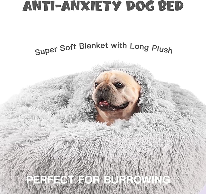 Himax Donut Bed for Small Medium Dogs With Attached Blanket - Calming, Washable (20"/26"/35") Light Grey