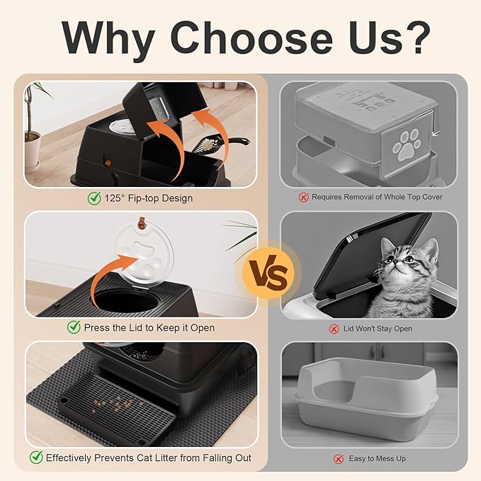 Stainless Steel Cat Litter Box with Lid, XL Extra Large Kitty Litter Box, Enclosed Top Entry Metal Litterbox for Big Cat, Easy Cleaning, Anti-Leakage & High Sided with Mat, Aisle & Scoop Black