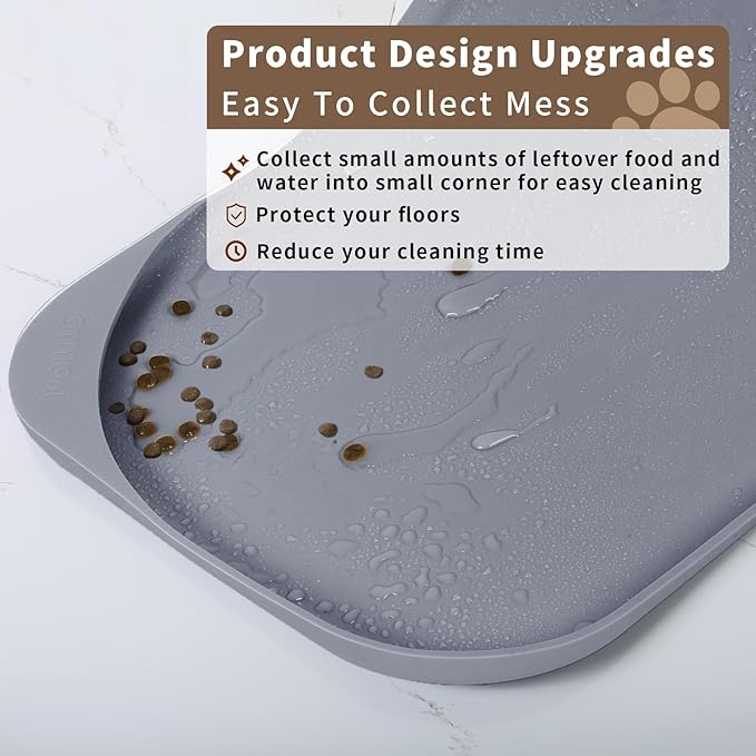 Silicone Pet Feeding Mat with Raised Edge & Residue Collection Pocket for Food and Water, Dog Bowl Mats, Cat Bowls Placemat with High Lip for Floor Waterproof, 19 x 12 x 0.7 Light Gray