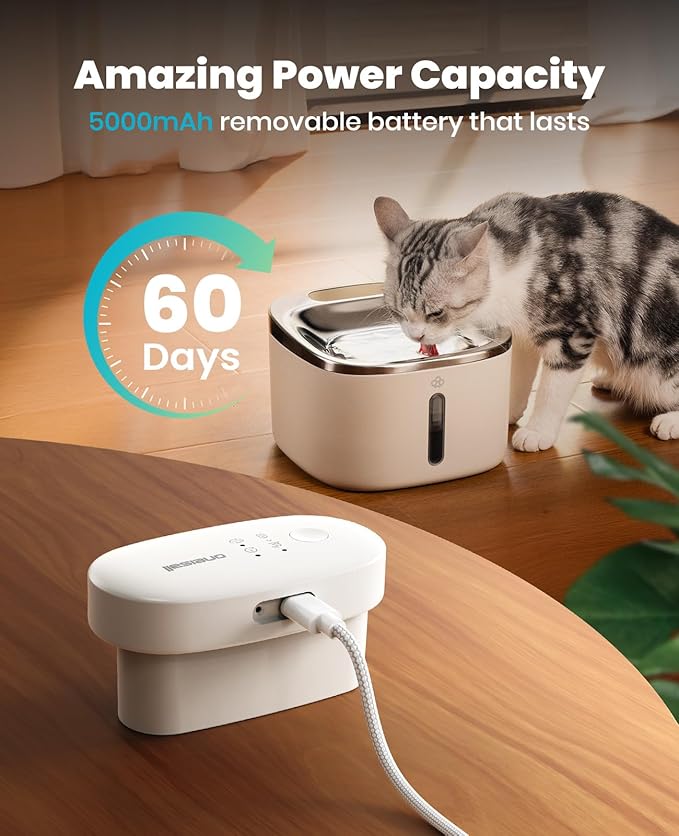 oneisall Wireless Cat Water Fountain, 3.5L/118oz Battery Operated Pet Drinking Fountains Stainless Steel for Cats Indoor, Cordless Cat Fountains with Motion Sensor, Stainless Steel White(Hale 3.5L)