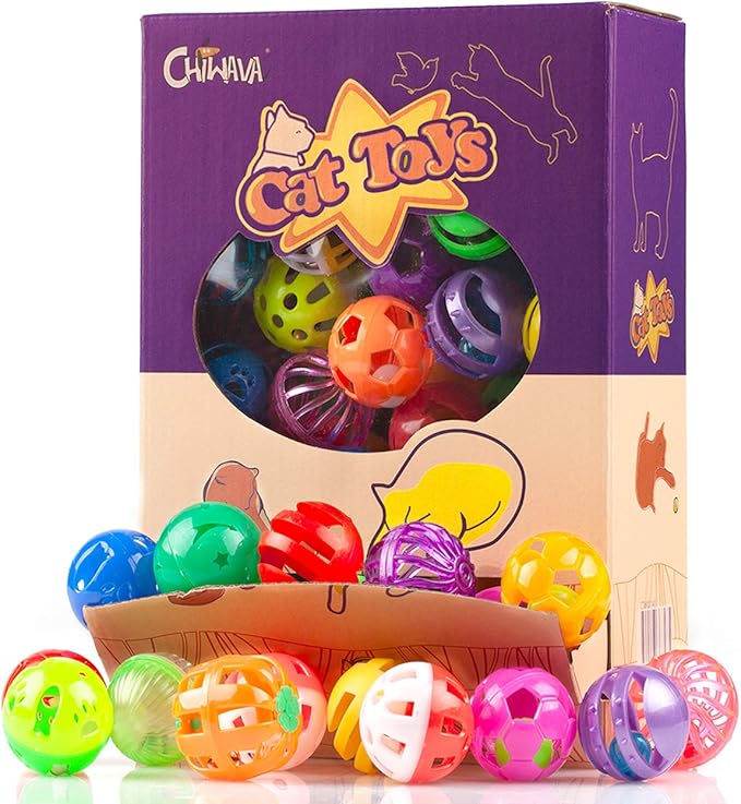CHIWAVA 48 Pack Plastic Noisy Cat Toy Balls with Bell Kitten Chases Toy 8 Type Assorted Color Size