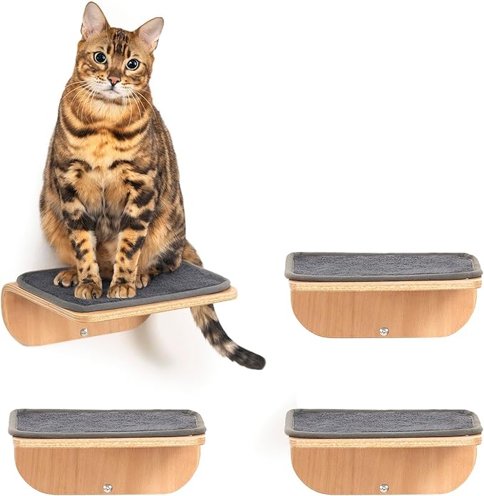 Cat Wall Shelves,Cat Wall Steps and Perch,Stairs,Ladders,Nest,Bed,Modern Wooden Floating Climbing Furniture for Hopping and Sleeping,with Scratching Cushion (4 Steps)