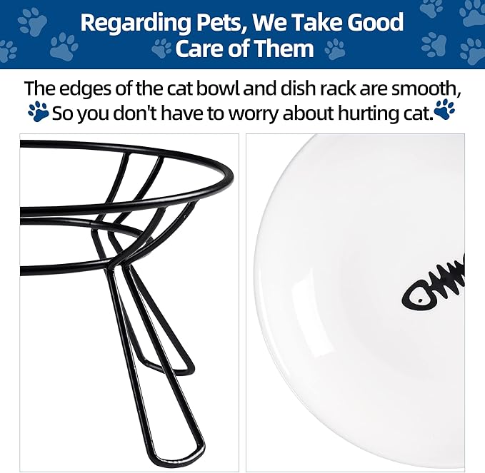 Cat Bowls, Elevated Bowl, Raised Ceramic Dish with Metal Stand, Pet Water or Food Feeding Station for Indoor Cats, Kitten, Puppies and Small Dogs(2 Pack)