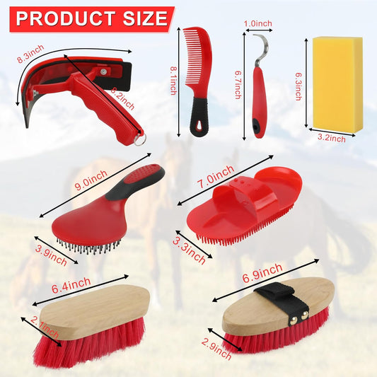 9 Pieces Grooming Kit with Tote Bag - Brush Set, Sweat Scraper, Sponge, Hoof Pick, Curry Comb for Horse Riders and Beginners (Red)