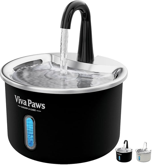 Cat Water Fountain Stainless Steel, Viva Paws 2.2L Automatic Drinking Fountain for Cats, Ultra Quiet Pet Fountain with 4 Stage Filtration System, Easy to Clean Indoor Cat Supplies