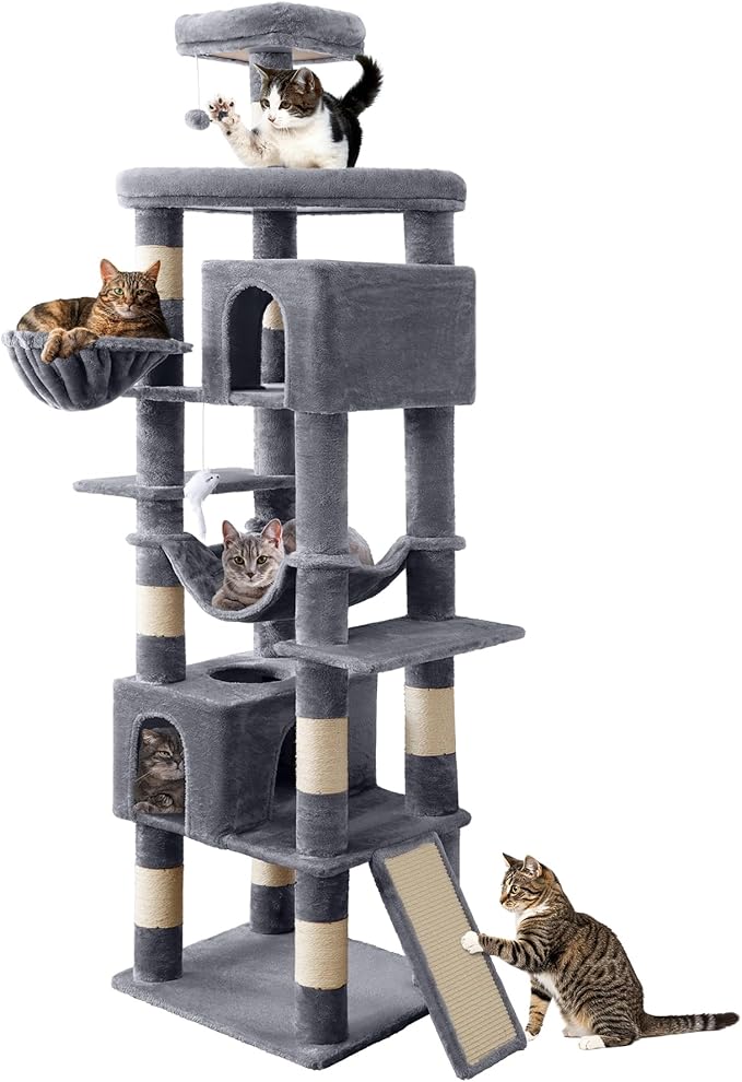 AMHANCIBLE Large Cat Tree, 83 Inch Multi-Level Tall Tower for Indoor Adult Cats, with Scratching Post and Board, Hammock, Condos, Hanging Basket, Activity Center to Play and Sleep, Grey, PT21GY