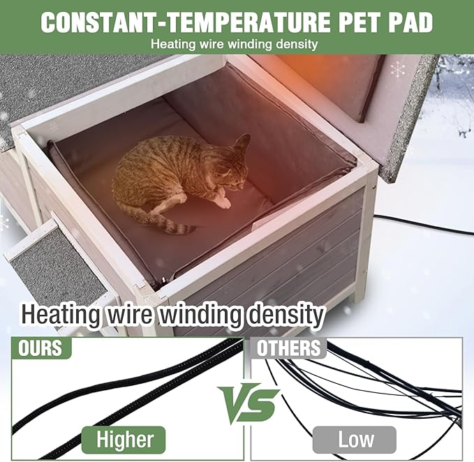 Heated Insulated Cat House Outdoor for Winter, Feral Cat Shelter with Weatherproof Asphalt Roof Outside, Kitty Home to Keep Cats Warm