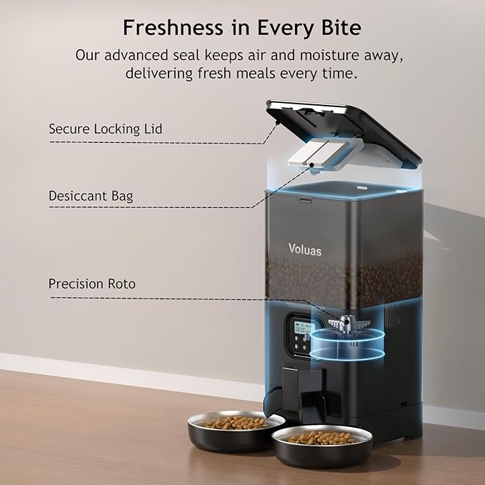 Voluas Automatic Cat Feeder for Two Cats, Double Pet Feeder with 2 Stainless Steel Bowls,6L Timed Cat Feeders with Memory Function