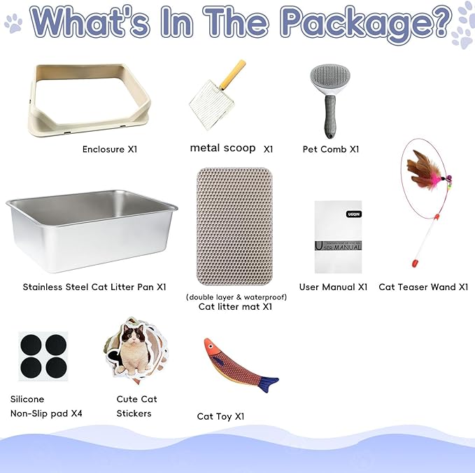 Stainless Steel Cat Litter Box with Lid,Large Litter Box with Side Entrance,Kitty Litter Pan High Sided,Anti-Urine Leakage,Easy to Clean,Included Scoop,Litter Mat&Fish Toys,Brush