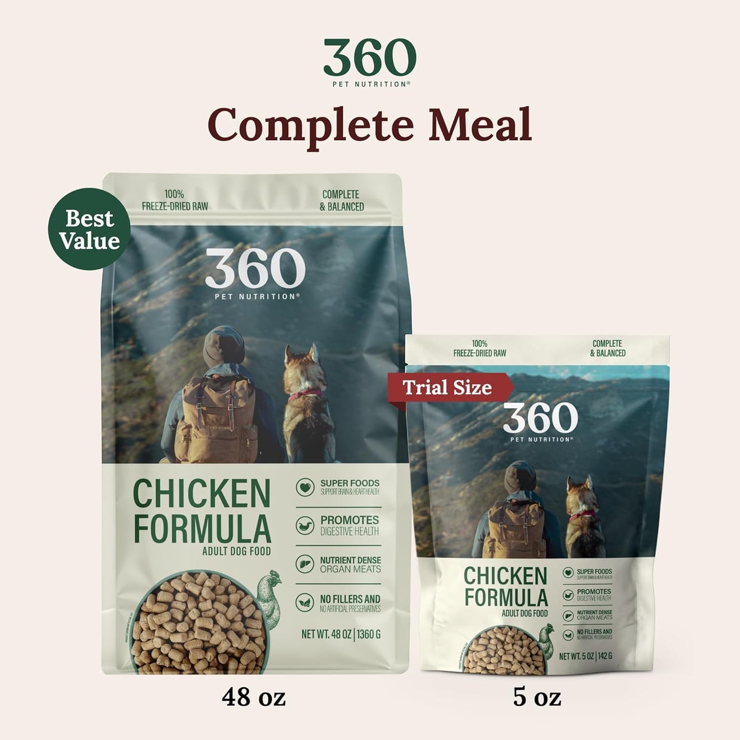 360 Pet Nutrition Freeze-Dried Raw Dog Food – Chicken Recipe with Liver & Organs, High Protein, Omega-3s, Fruits, Veggies & Superfoods, Grain-Free, No Fillers, 5 oz – Made in USA