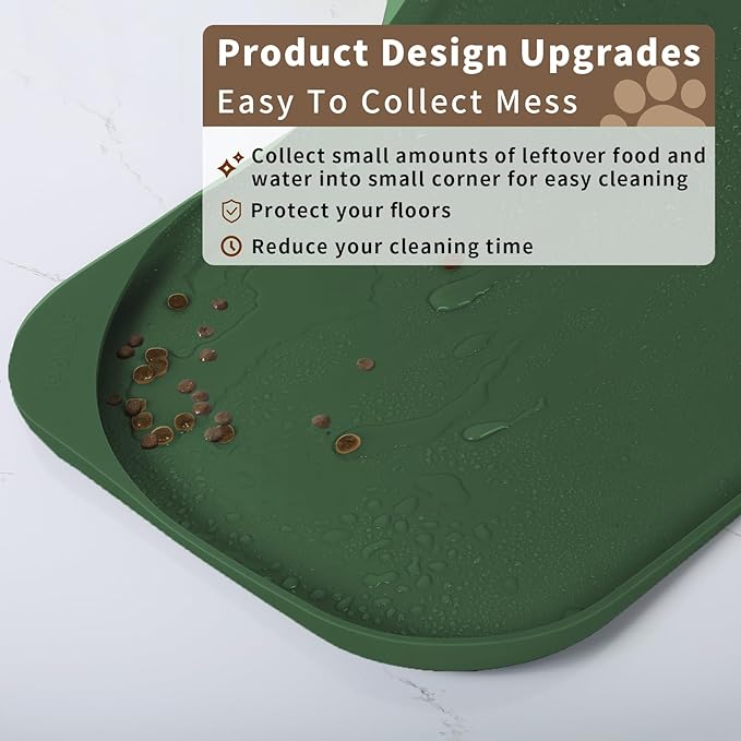 Silicone Pet Feeding Mat with Raised Edge & Residue Collection Pocket for Food and Water, Dog Bowl Mats, Cat Bowls Placemat with High Lip for Floor Waterproof, 24 x 16 x 0.8 Dark Olive