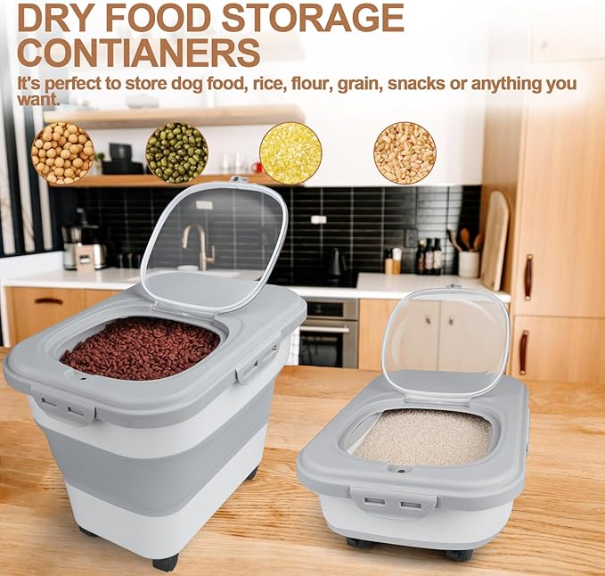 Dog Food Storage Container, 10-20lbs Collapsible Dog Cat Food Containers with Airtight Clear Flip-top，Rolling Wheel and Pet Food Scoop, Pet Food Storage Container Bin for Dog Cat Bird Pets