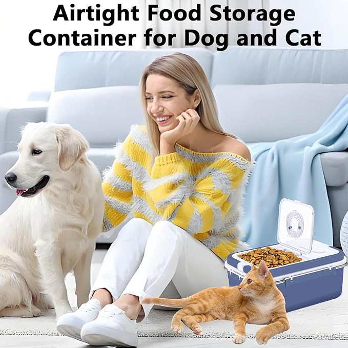 Sanbo Dog Food Storage Container Stainless Steel with Scoop,Airtight Pet Metal Food Storage Bin,Cat Food Canister,Storage Box with Date Tracker for Kitchen (Blue, 7.5L)