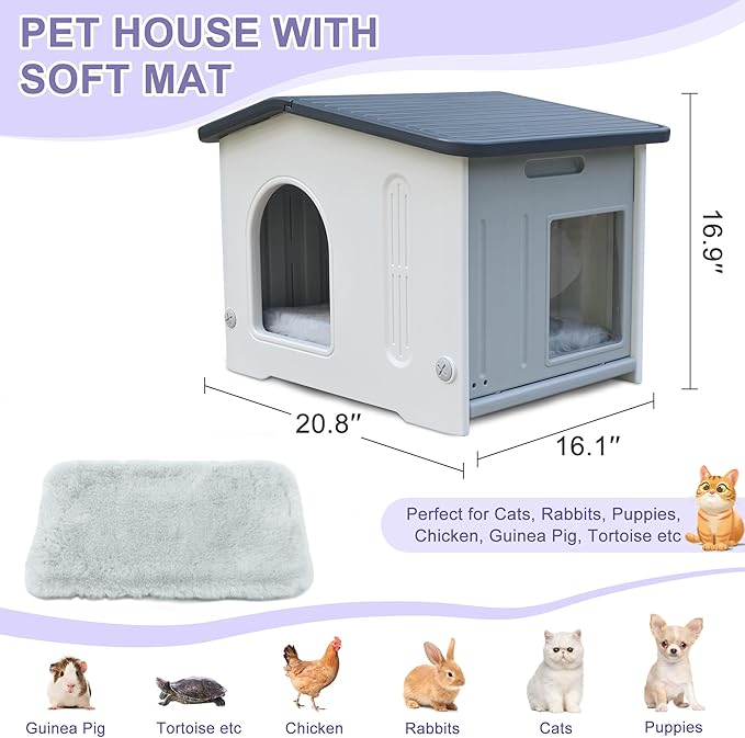 Plastic Cat House Weatherproof for Outdoor Indoor Use, Feral Cat House with Escape Door and Soft Mat, Outside Cat Shelter for Small Pet, Spacious, Assemble Easily - Grey