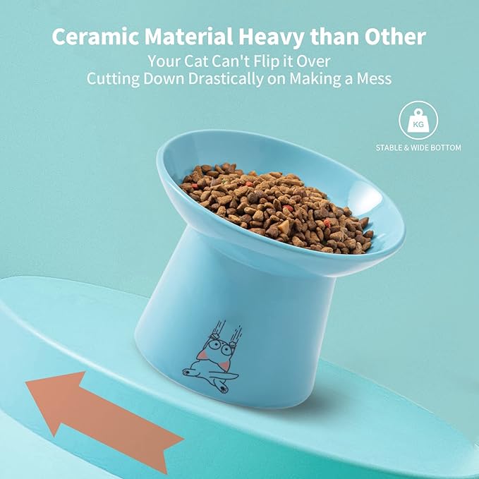 OMAYKEY Extra Wide Elevated Cat Bowls, 6.5 Inch Ceramic Raised Cat Bowl Set for Food and Water, Wide Shallow Pet Food Dishes Feeder, Whisker Fatigue, Protect Pets' Spines, White & Blue