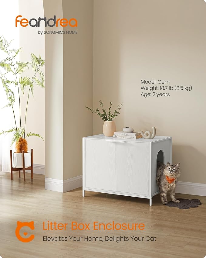 Feandrea Litter Box Enclosure, Modern Cat Litter Box Furniture Hidden, with Handles, Magnetic Locks, Cat House, Side End Table, 28.5 x 19.5 x 23 Inches, Snow White UPCL011W01