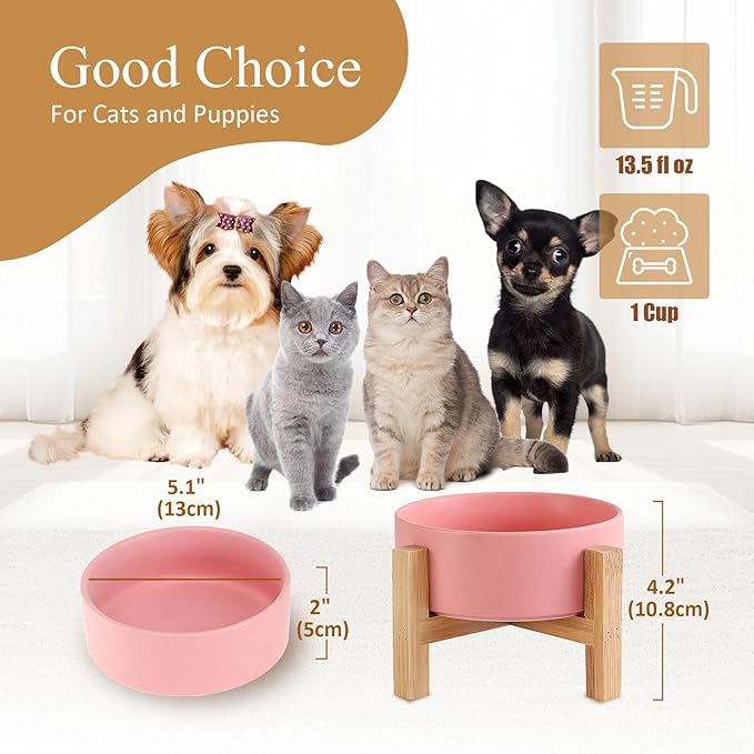 Elevated Ceramic Cat Bowl - Cat Food Bowl with Bamboo Stand - Raised Dog Dish for Puppies - Anti Vomiting, Stress Free - 13.5 oz / 400 ml - Pink