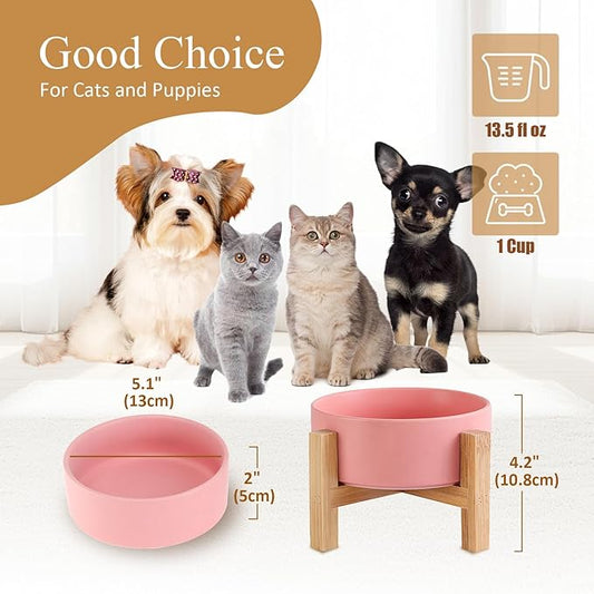Elevated Ceramic Cat Bowl - Cat Food Bowl with Bamboo Stand - Raised Dog Dish for Puppies - Anti Vomiting, Stress Free - 13.5 oz / 400 ml - Pink