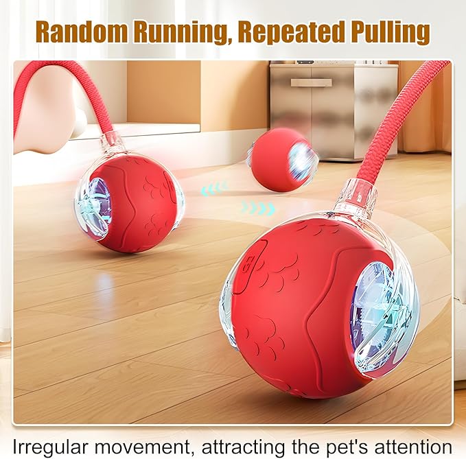 Interactive Cat Toys Ball for Indoor Cats, 2025 New Automatic Rolling Pet Balls with Rope, Three Modes Adjustment, Rechargeable Cat Enrichment Toys (Red)