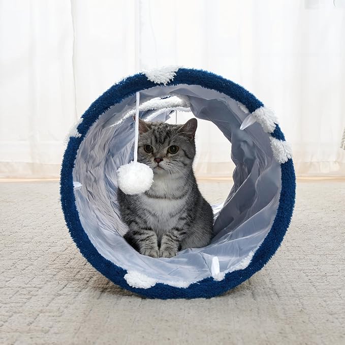 Straight Cat Tunnel for Indoor Cats 47"x12", Cute Cat Toys Collapsible Tunnel Tube with Balls for Puppy Kitten Rabbit, Blue Paw