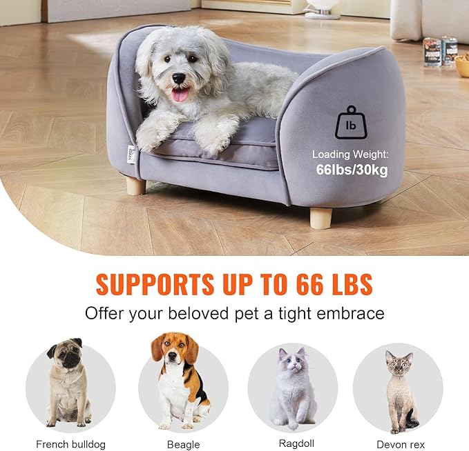 VEVOR Dog Bed, Dog Couch Pet Sofa for Small Dogs and Cats, Soft Velvety Washable Pet Couch and Chair, 60 lbs Load Capacity, Gray
