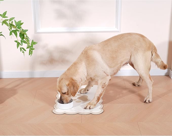 Ralxion Scalloped Dog Feeding Mat, Absorbent Mats for Dog Food and Water Bowl, Dispenser, Cute Elegant Aesthetic Khaki Beige Scallop Pet Placemat for Dogs, Cats, Puppy Accessories, 14" X 19”