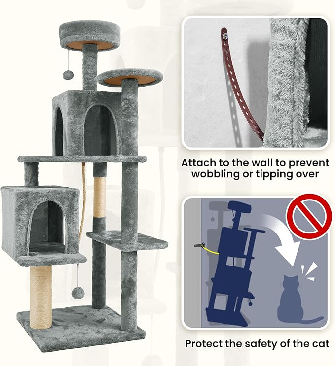 58.5inch Large Cat Tree Tower Condo for Indoor Cats, Soft Plush Multi-Level Climbing Tree Cat House, Scratching Post, More Entrance/Exit, Sisal Rope, Grey