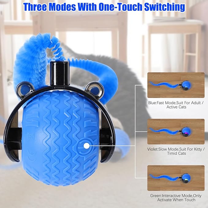 Cat Toys for Indoor Cats, Interactive Cat Toys for Bored Indoor Adult Cats, Automatic Speedy Ball Interactive, Electronic Rollie Pet Chase, Smart Interactive Tail Balls for Kittens (Blue)