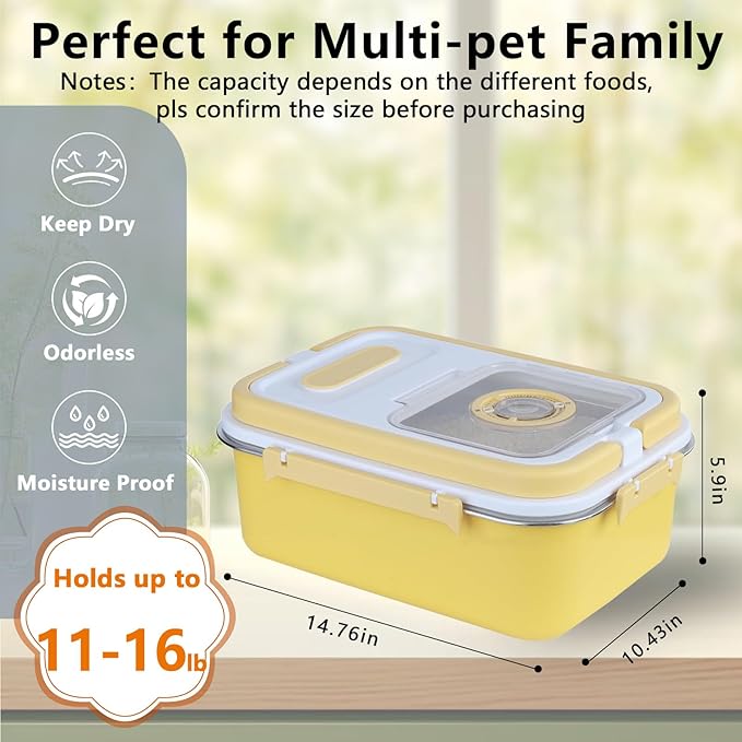 Sanbo Dog Food Storage Container Stainless Steel with Scoop, Airtight Pet Metal Food Storage Bin,Cat Food Canister,Storage Box with Date Tracker for Kitchen (Yellow, 7.5L)