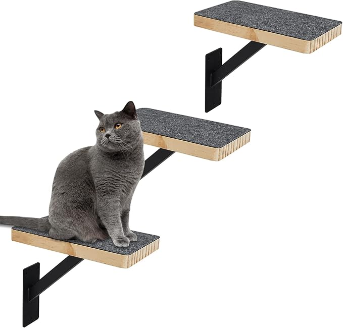 Cat Wall Climbing Steps Pack of 3 - Sturdy Wall Floating Shelves, Indoor Cat Furniture & Perch, Hammock Bed, Ladder Stairs - Easy to Install