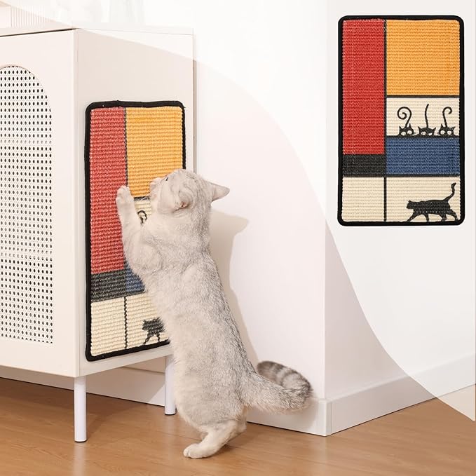 Sisal Cat Scratcher Post Mat (Use on Wall, Couch and Carpet), Shedding-Resistant Scratching Surface - 21.7x13 with Adhesives, Pads and Twist Pins (Meowdrian)