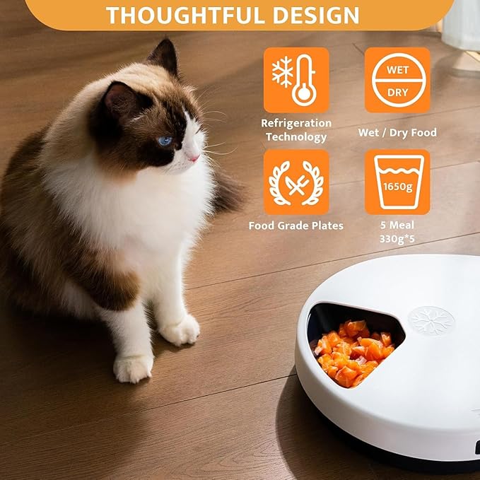 UBPET Cat Wet Food Automatic Feeder with Cooling, Semiconductor Refrigeration, with Timer, 5 Food Compartments for 330g Pet Food Each, Premium Meal Plates, Washable, for Cats