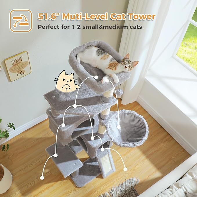 PAWZ Road Cat Tree, 51.6 Inches Cat Tower with Dual Condos, Spacious Perch, Cozy Basket and Sisal-Covered Scratching Posts for Small Cats and Kittens- Gray