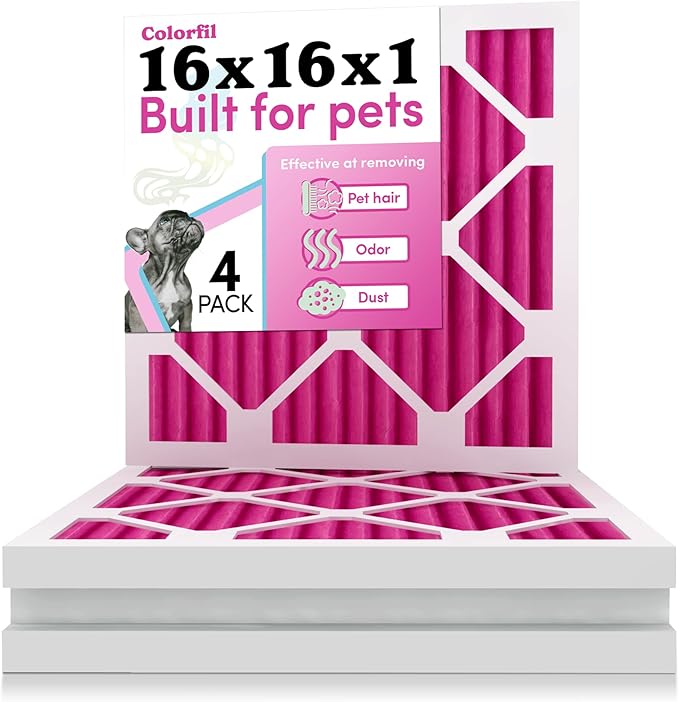 16x16x1 Air Filter by Colorfil | Color Changing Filters for Cat and Dog Odor | MERV 8 Furnace AC Filter for Pet Hair and Dust | 15.75"x15.75"x0.75" Exact Size | Pack of 4