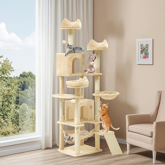 YITAHOME 75-Inch Tall Cat Tree Indoor: Multi-Level Kitten Tower with Kitty Condos, Top Perches, Sisal Ramp, Scratching Posts & Cozy Basket Hammocks Pet Play House Beige