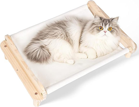 Elevated Wooden Cat Bed – 24"x15.7"x5.9" Breathable Hammock Pet Bed for Indoor/Outdoor Use, Raised Dog Lounger for Small Pets Like Kittens, Puppies, Rabbits, and Bunnies(White-1)