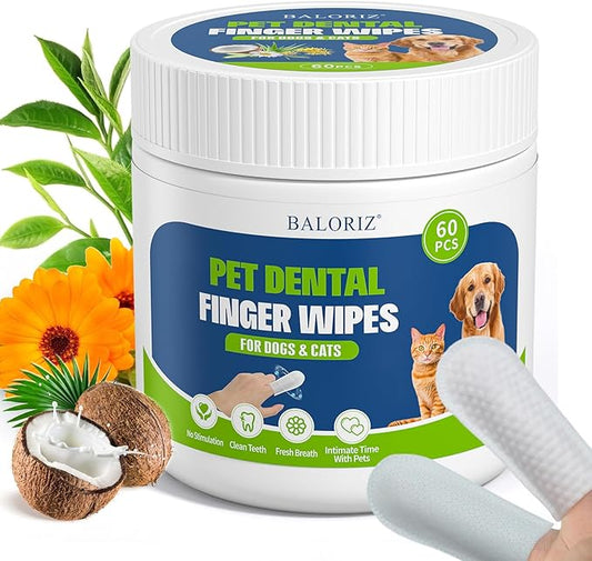 Dog Dental Care Finger Wipes, 60 PCS Teeth Cleaning Wipes for Dogs & Cats, Tooth Brushing Kit Dental Wipes Reduces Plaque & Freshens Breath, Disposable Gentle Cleaning & Gum Care Pet Wipe