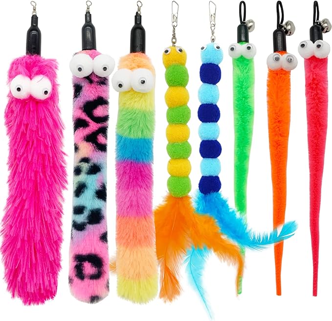 Cat Worm Toy Refills, 8 Pieces Cat Wand Attachments Assorted Worms Feathers Toy for Indoor Cats (A)