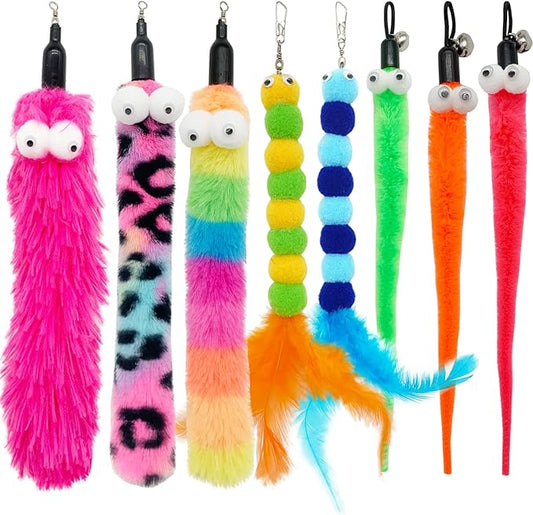 Cat Worm Toy Refills, 8 Pieces Cat Wand Attachments Assorted Worms Feathers Toy for Indoor Cats (A)